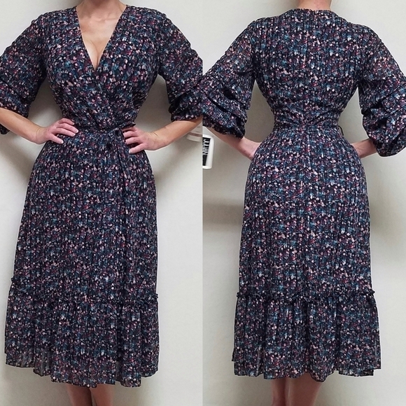 Vintage Julian Taylor Boho Multi-color Ditsy Floral Tie-Waist Tiered Midi Dress